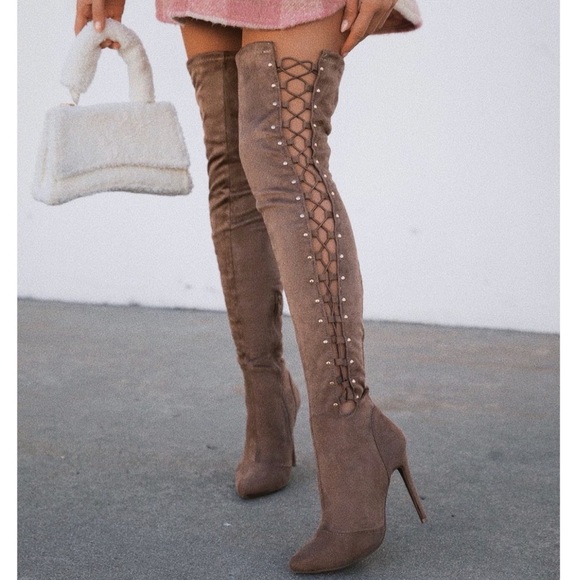 Shoes - High Heel Open Side Corset Lace Up Thigh High Boot